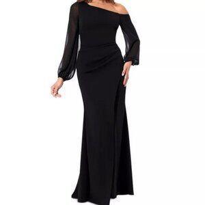 Betsy & Adam Black Off the Shoulder Long Sleeve Gown